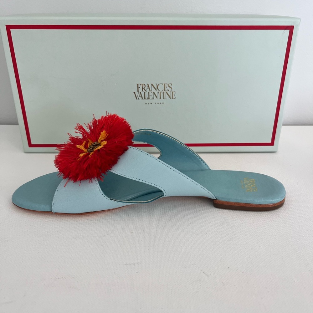 Frances Valentine Meredith Light Blue Nappa Leather Sandal With Flower Fringe - Picture 7 of 9